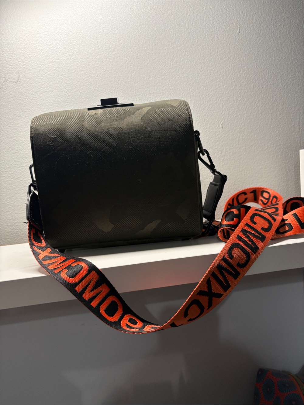 Steve Madden Olive Camo Messenger Bag with Orange Logo Strap